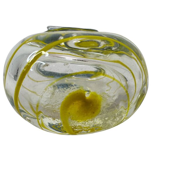Vintage Handblown Art Glass MINI Basket Purse Blue & Yellow Swirls 2 Inch Decor - Picture 10 of 11
